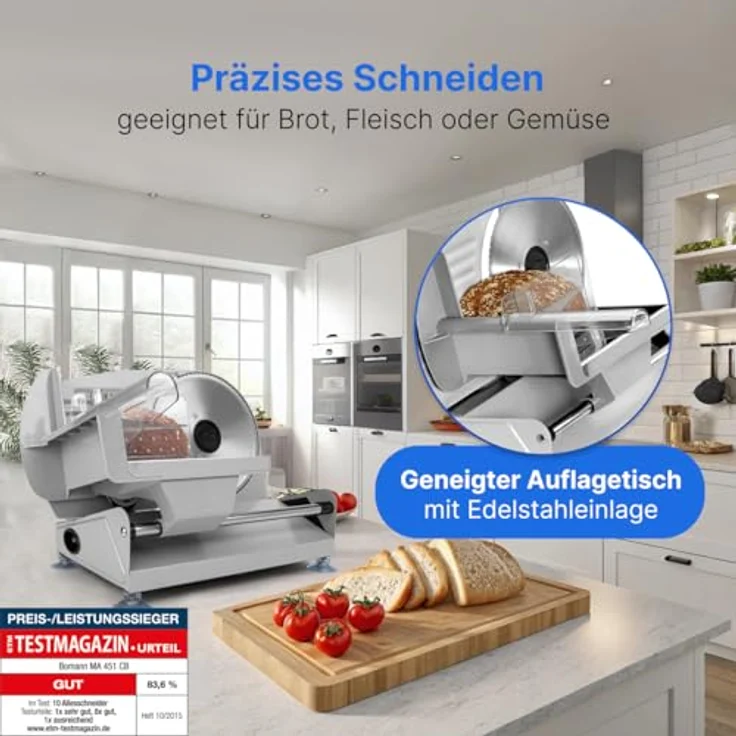 Bomann MA 451 CB, Vollmetall-Allesschneider, Großes rostfreies Edelstahlmesser (Ø 190 mm), 150 Watt, Universalwellenschliff, Alu-Druckguss Motorgehäuse, Stufenlos einstellbare Schnittstärke (0-15mm) – Bild 3