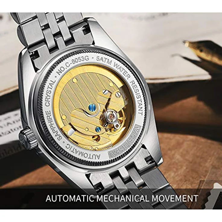CADISEN Automatik-Herrenuhr CA-201, Elegant mit Saphirglas, Kalender, Edelstahlarmband, wasserdicht bis 50 m, schwarz – Bild 5