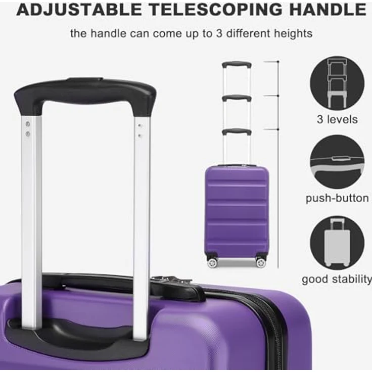 KONO Koffer Trolley Handgepäck 55x35x22cm, leichte Hartschale mit TSA-Schloss und 360° Doppelspinnrollen, Violett – Bild 4