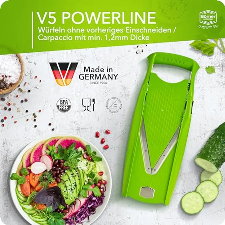 Börner Gemüsehobel V5 (Starter Set) • V-Hobel für Scheiben, Sticks & Würfel in vielen Größen • Gemüseschneider mit Edelstahl V-Klinge • Verstellbarer Küchenhobel • "Grün" – Bild 3