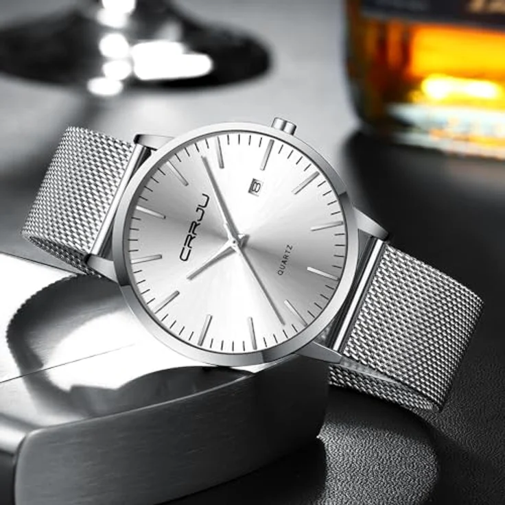 CRRJU Ultra Dünne Herren Uhr, Wasserdicht mit Schwarz Edelstahlarmband Mesh, Analog Quarz, Business Stil, Silber – Bild 4