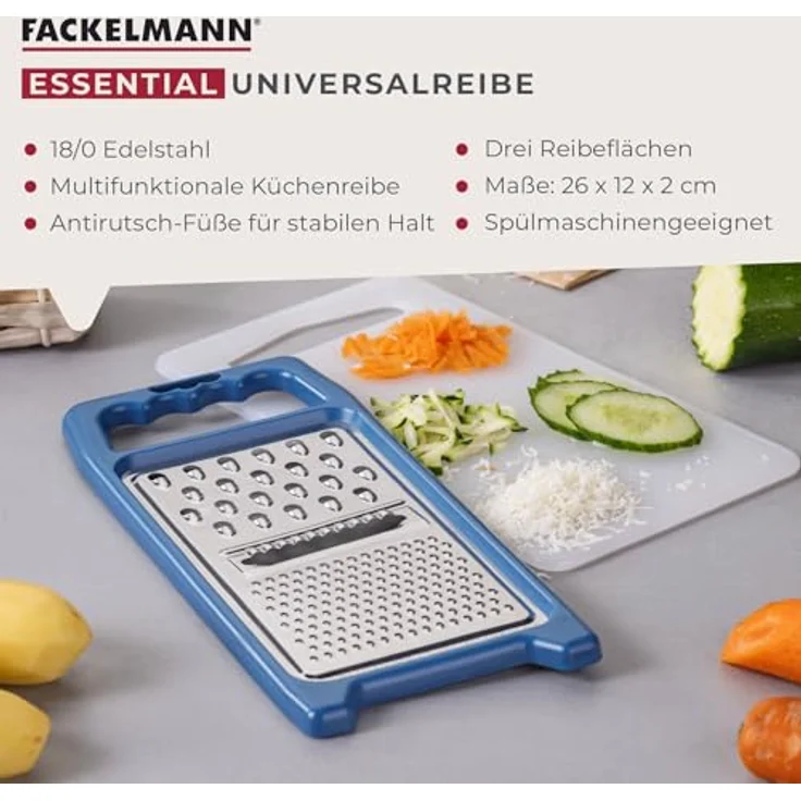FACKELMANN Universalreibe Essential, Multifunktionale Küchenreibe mit 3 Reibeflächen, rostfreier Edelstahl, Antirutsch-Füße, dunkelblau/silber – Bild 3