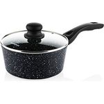 Westinghouse Stielkasserolle 18cm mit Glasdeckel, 3-lagige Marmor-Antihaftbeschichtung, aus geschmiedetem Aluminium, Induktionsgeeignet, Griff Silikonbeschichtung, schwarz, WCSP0009018MBB