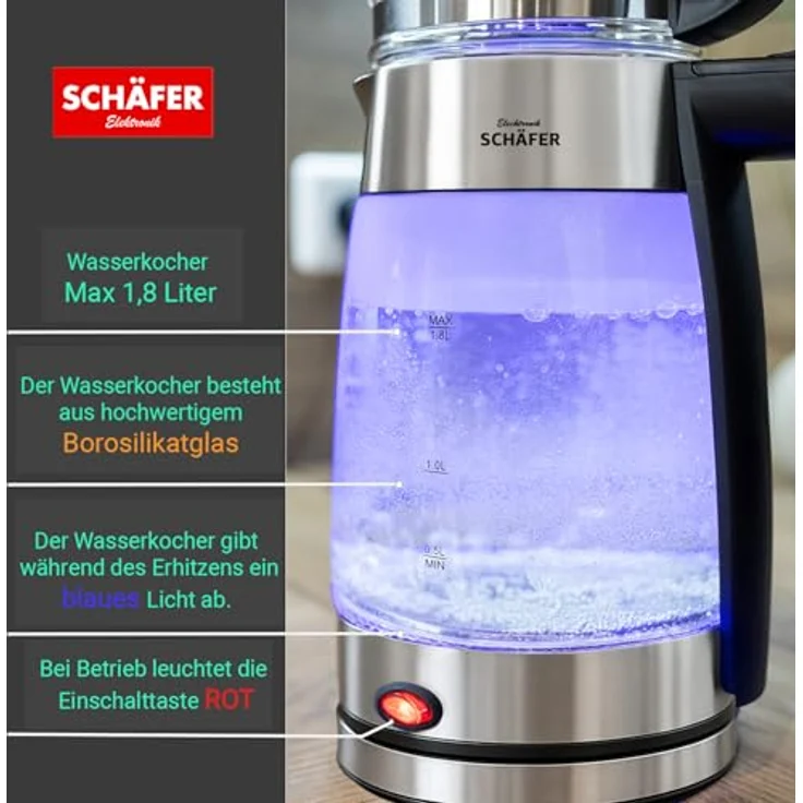 Elektronik SCHÄFER Teekocher Glas-Teekocher 1,8/0,8 Liter Schwarz/Silber - Wasserkocher mit Warmhaltefunktion bis 85°C und verdecktem Heizelement – Bild 5