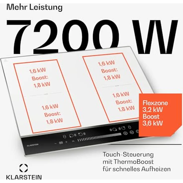 Klarstein DualTone CP8-KL-DT-60-Fl-Wh, Induktionskochfeld 4 Zone FlexTouch mit 7200 W, Timer und LED-Display, weiß – Bild 3