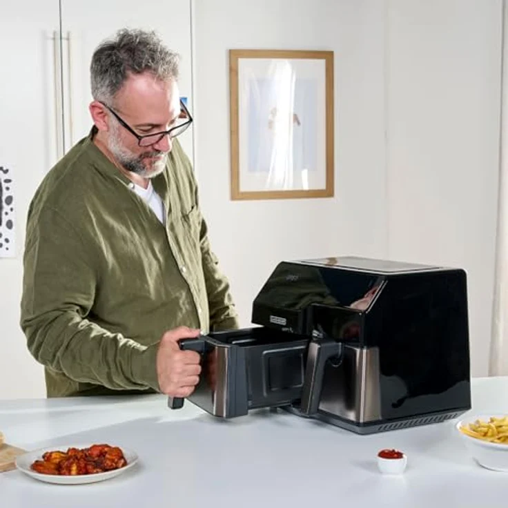 BLACK+DECKER BXAF9000E Heißluftfritteuse 2500W | 9L Volumen | 8 Programme | Touch-Display | Temperatur 80-200ºC | Double Cooking - Silber – Bild 3