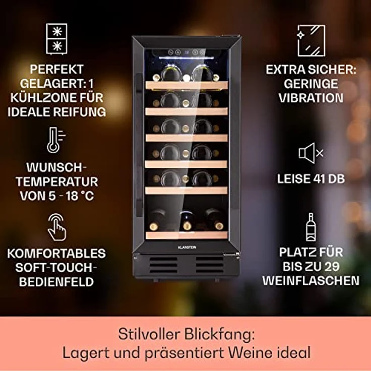 Klarstein Vinovilla 29 Weinkühlschrank, freistehend, edelstahl schwarz, 1 Temperaturzone, Glastür, Energieklasse G – Bild 3