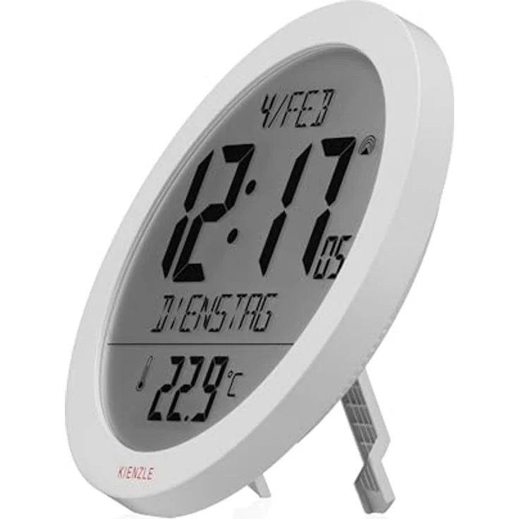 Kienzle Funkwanduhr Tischuhr mit 18,7 cm Display, DCF-Zeit, Datum und Temperaturanzeige, 2 Weckzeiten, Schlummerfunktion, weiß – Bild 2