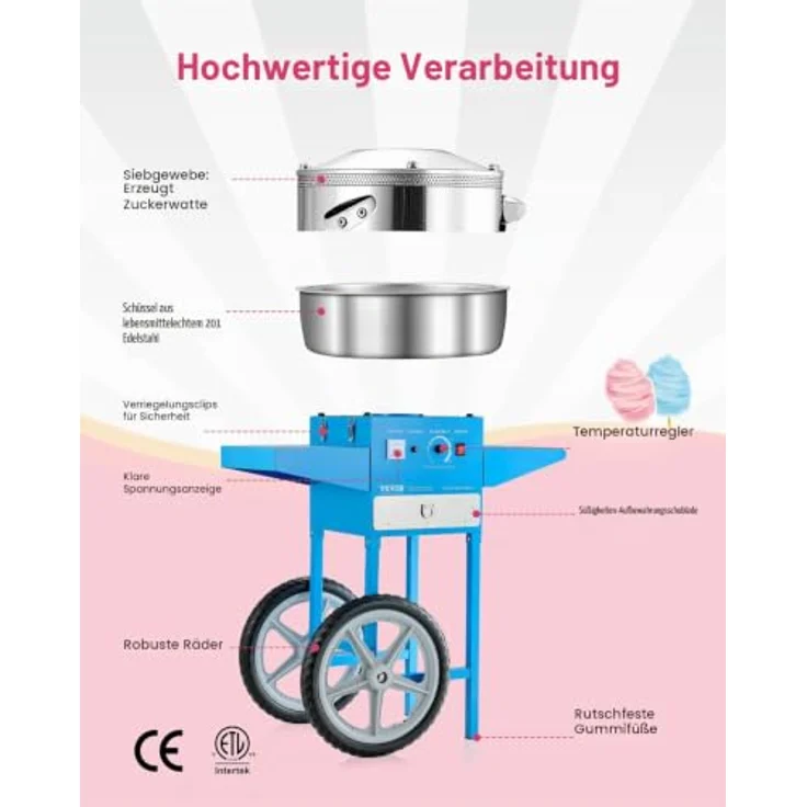 VEVOR elektrische Zuckerwattemaschine, kommerzielles Gerät mit 1000 W, 52 cm Edelstahlschüssel, Wagen, Zuckerschaufel & Schublade, blau – Bild 5