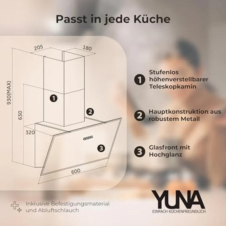 Yuna Duana Dunstabzugshaube, A, Abluft und Umluft, Wandmontage, Breite 60 cm, Randabsaugung, Drucktasten – Bild 9