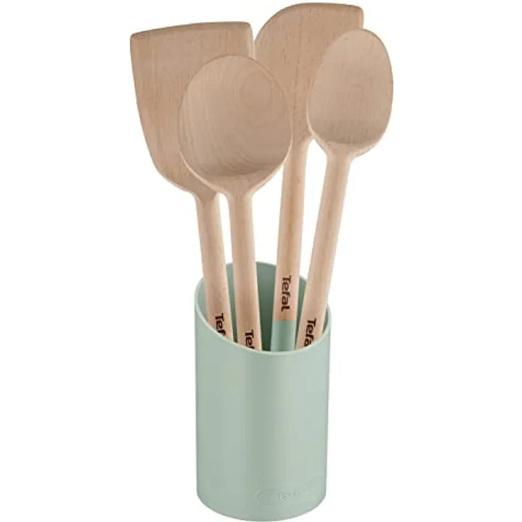 Tefal Natura Küchenutensilien-Set, 5-teilig: Löffel 28 cm, Löffel 29 cm, Klingenspatel 28 cm, Winkelspatel 29 cm und Ständer, FSC-zertifiziertes Holz, K270S5