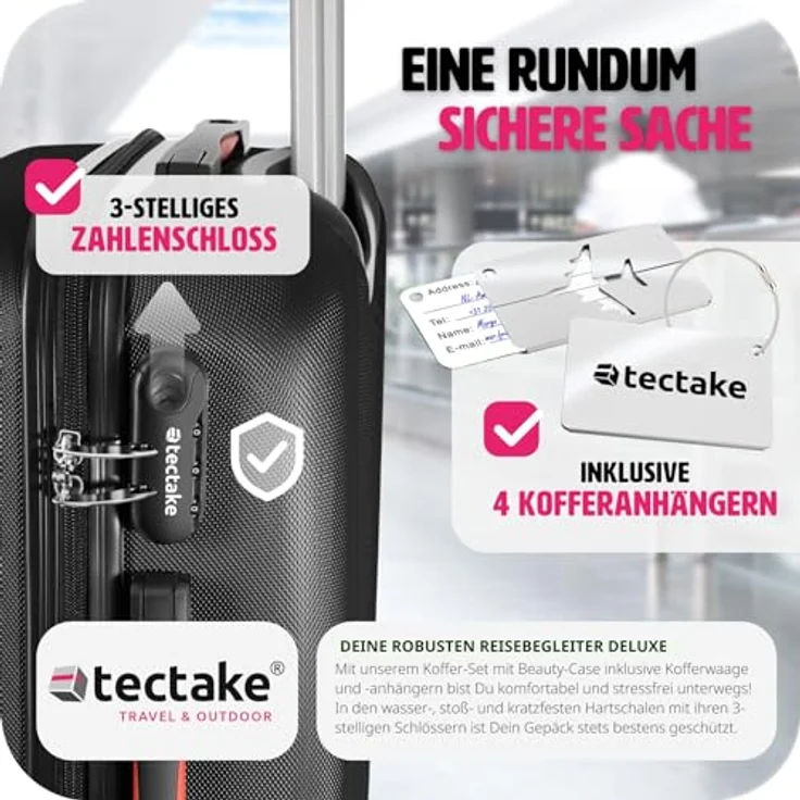 tectake® 4-teiliges Reisekoffer Kofferset inkl. Kofferwage und Gepäckanhänger, 360° Rollen, Hartschalenkoffer mit Zahlenschloss, Koffer groß, ineinander stapelbar, Trolley Handgepäck - schwarz – Bild 5