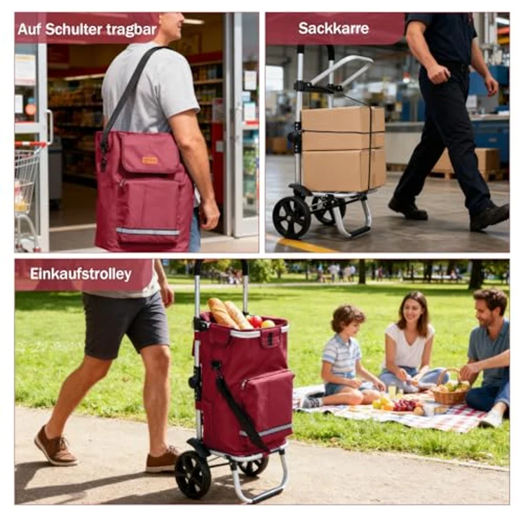 Sekey Einkaufstrolley 3-in-1 mit Kühlfach und Spanngurt, Faltbarer Einkaufswagen, 42L, 35kg, rot – Bild 6