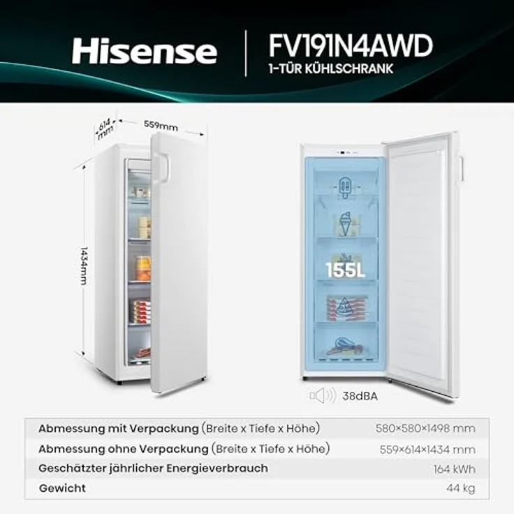 Hisense FV191N4AWD Gefrierschrank, 147 Liter, Total No Frost, SuperFreeze, Türalarm, Wendetür, Weiß, BxHxT: 55×143,4×56,2cm [Energieklasse D] – Bild 2