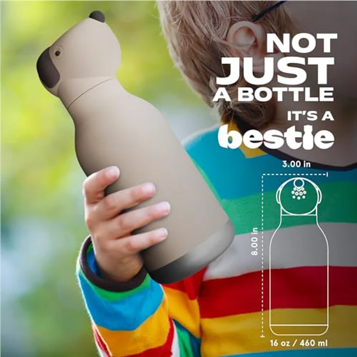 ASOBU Bestie Kindertrinkflasche, isolierte Edelstahlflasche 420ml mit braunem Hundekopf, auslaufsicher & BPA-frei – Bild 4