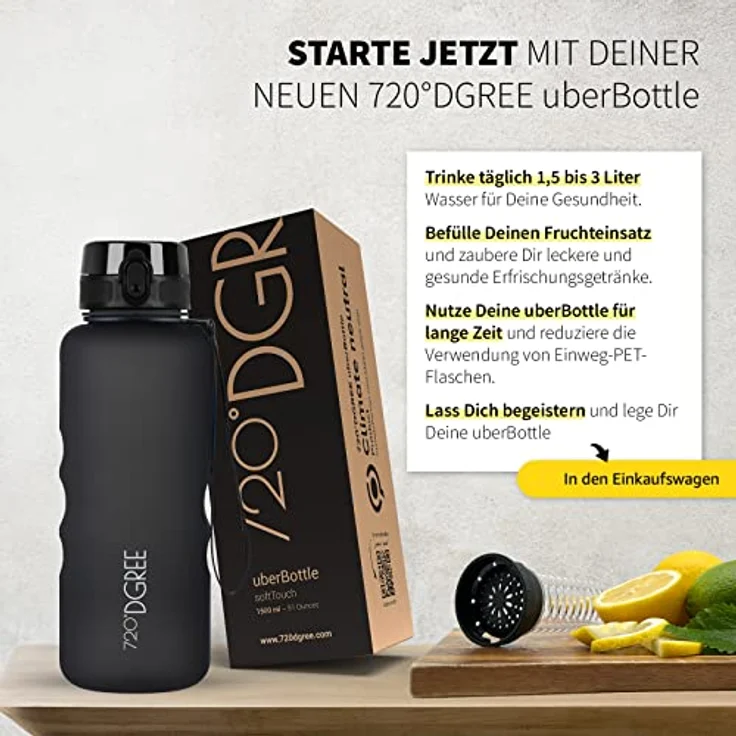 Trinkflasche Wasserflasche Fruchteinsatz 1,5L - BPA-Frei uberBottle 720 DGREE onyx black – Bild 5