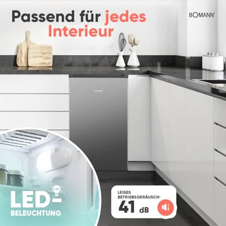 Bomann KS 7257, Kühlschrank klein mit Gefrierfach, 83L, temperaturregelbar von 0°C bis +8°C, grau, 2 Ablagen & 3 Türablagen – Bild 6