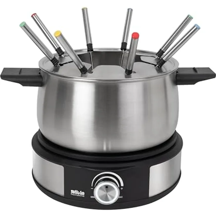 Silva PK-F 140 Fondue, elegantes Inox-Schwarz Design mit 1500 Watt Heizleistung und 8 Gabeln
