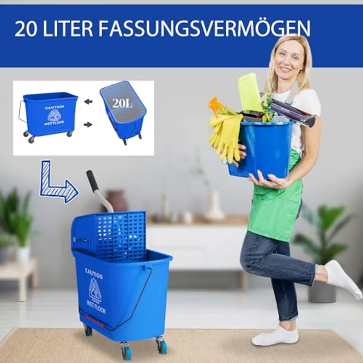 HOMCOM Putzeimer 20 Fahreimer, Wischwagen mit 2 Kammern und Auswringer, blau – Bild 3