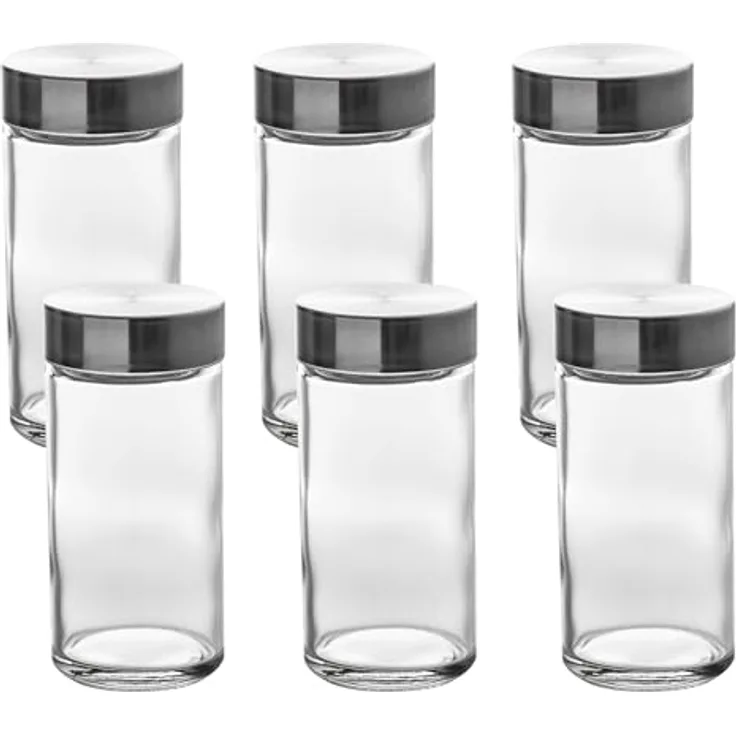 DekorStyle Gewürzdosen Set Alesar, 6 Stück aus Glas, 80 ml Füllmenge, transparent