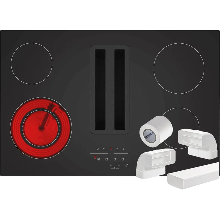 Silverline FLPHK820ESR SET Flow-In Pro X Highlight Kochfeldabzug mit 4 HiLight-Kochzonen, mattschwarz und Edelstahl, inkl. Rohr-Set H10