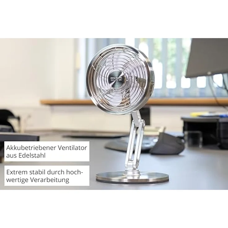Unold STEEL FLEX Akku Ventilator 86705, leiser Tischventilator aus Edelstahl, 12h Laufzeit, USB-C, 3 Stufen, 360° drehbar, kompakt und standfest für Büro, Homeoffice & Camping – Bild 2