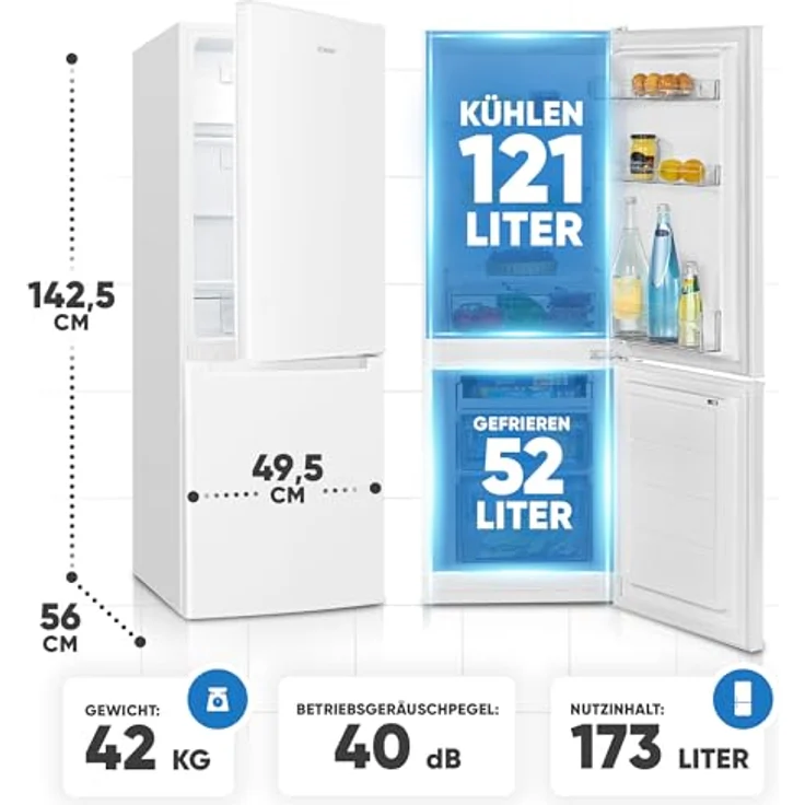 Bomann Kühlschrank mit Gefrierfach 143cm hoch | Kühl Gefrierkombination 173L mit 3 Ablagen & 3 Schubladen | leise Kühlgefrierkombi 40db | Kühlschrank KG 7359 weiß – Bild 5