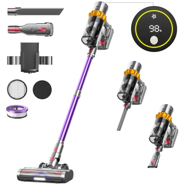 Anyson Stars 5, 45000Pa/550W/70Min Staubsauger Kabellos, 1.6L Akku Staubsauger Super Leise, Selbstladender mit LED Display/Anti-Tangle-Bürste, Stabstaubsauger (Weiß)