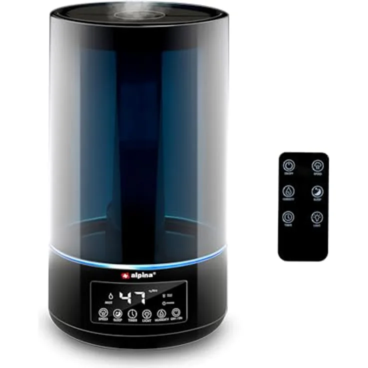 alpina Luftbefeuchter 4.3L, Humidifier mit Aroma Diffuser für Ätherische Öle, 3 Nebelstufen, Timer, Elektrische Duftlampe, Schwarz