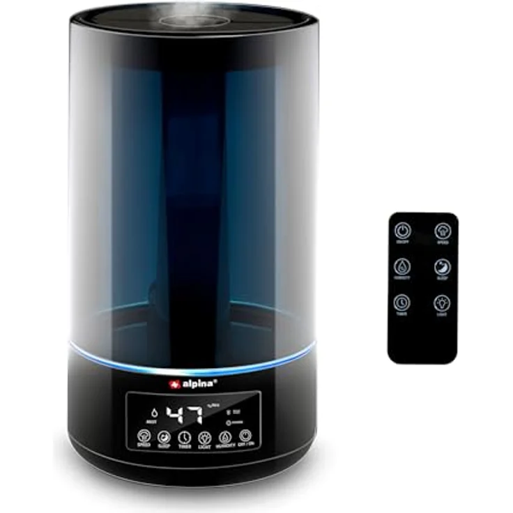 alpina Luftbefeuchter 4.3L, Humidifier mit Aroma Diffuser für Ätherische Öle, 3 Nebelstufen, Timer, Elektrische Duftlampe, Schwarz – Bild 1