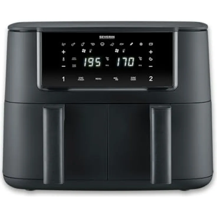 SEVERIN FR 2463 Heißluftfritteuse Black Line „Dual“, 2 x 4L Garkörbe, 360° Heißluft Technologie, Sync Cook & Sync Finish, intuitive Touch-Bedienung mit 10 Automatik-Programmen