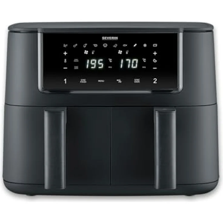 SEVERIN FR 2463 Heißluftfritteuse Black Line „Dual“, 2 x 4L Garkörbe, 360° Heißluft Technologie, Sync Cook & Sync Finish, intuitive Touch-Bedienung mit 10 Automatik-Programmen – Bild 1