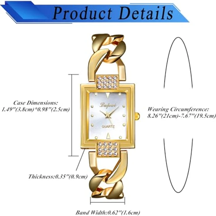 JewelryWe Damenuhr Glitzer Rechteckig, Elegante Strass Analog Quarz Armbanduhr mit Gold Panzerkette und Metallarmband, Wasserdicht 1 ATM – Bild 5