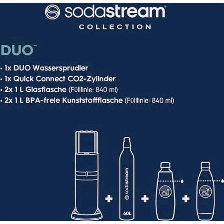 SodaStream Wassersprudler DUO mit CO2-Zylinder Höhe 44cm 2x 1L Glasflasche und 2x 1L spülmaschinenfeste PET-Flasche – Bild 3