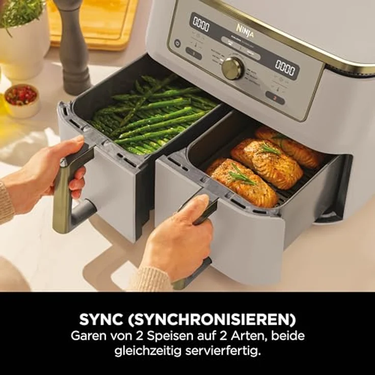 Ninja DZ400EUSTGD Dual Zone Digital Air Fryer, 2 Schubladen, 6-in-1 Heißluftfritteuse, 9,5L, Stone Gold, spülmaschinenfeste Körbe, Max Crisp, Rösten, Backen, Aufwärmen, Dörren – Bild 3