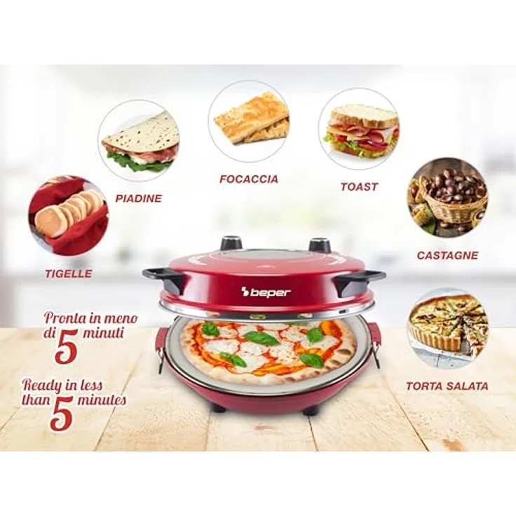 Beper P101CUD301 Pizzaofen mit Bullauge, 400°C, 31 cm Keramikplatte, 5 Kochstufen, 15-Minuten-Timer, wärmeisolierte Griffe, Edelstahlpaddel – Bild 6
