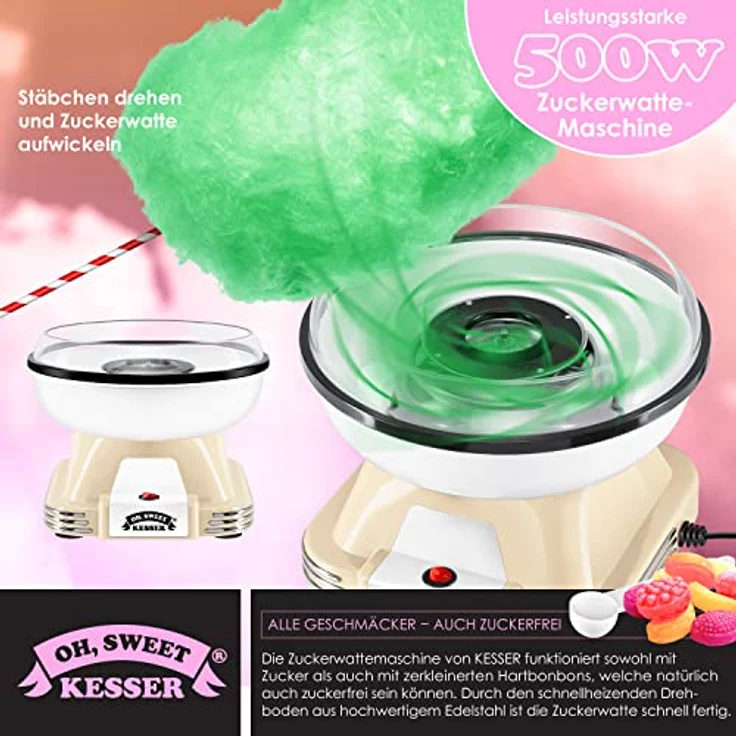 KESSER® Zuckerwattemaschine Set für Dein zuhause - Mit 30x Zuckerwatte Stäbchen & Messlöffel - Retro Cotton Candy Maschine - Zuckerwatte Maschine Mit Zubehör - Höhe 22 cm - 500 W Creme Weiß – Bild 5
