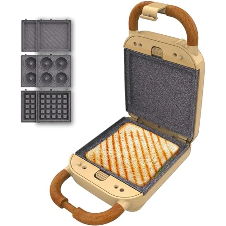 Cecotec 4-in-1-Sandwichmaker Rock'nToast Retro One, 700 W, Gelb, Edelstahlgehäuse