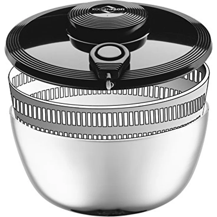 Küchenprofi Salatschleuder, Schwarz, Silber, rostfreier Edelstahl, 3,25 L/Ø 24 cm mit Seilzug, Sieb und Basisplatte, für Salat, Kräuter und Beeren, Salatschüssel mit Deckel – Bild 4