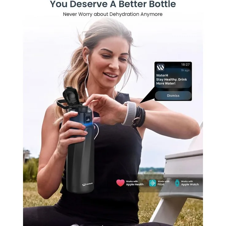 WaterH Boost Smart Water Bottle, intelligente Trinkflasche mit LED-Touch-Display und Bluetooth-Konnektivität