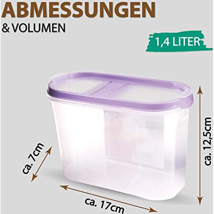 Bestlivings Vorratsdose Müslispender, transparente Schüttdose für Lebensmittel, 1,4 Liter, luftdicht mit 2 Öffnungen, Kunststoff, 7cm x 17cm x 12,5cm – Bild 2