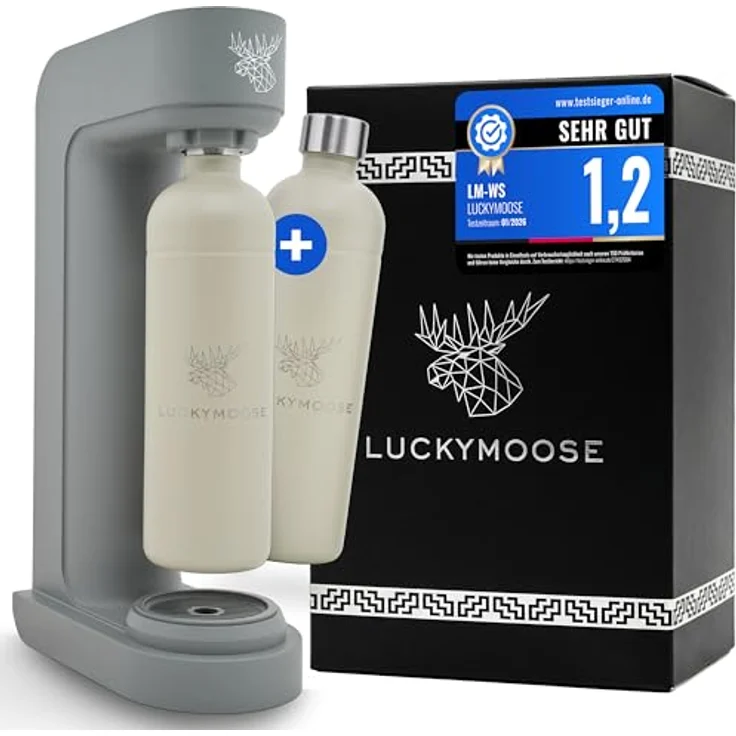Luckymoose Infinity Wassersprudler, CO₂-sparende Sprudlermaschine mit 2x 1,25L spülmaschinenfesten Edelstahlflaschen, kompatibel mit blauen 60l CO₂-Zylindern – Bild 1
