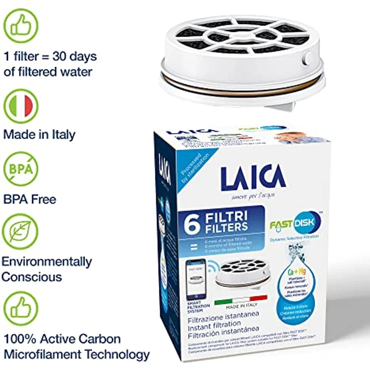 Laica Fast Disk, patentiertes Aktivkohle-Patent, 100% Made in Italy, Sofortfilter, Lebensdauer 1 Monats-120 L, Packung mit 6 Filtern, 6 Stück – Bild 3