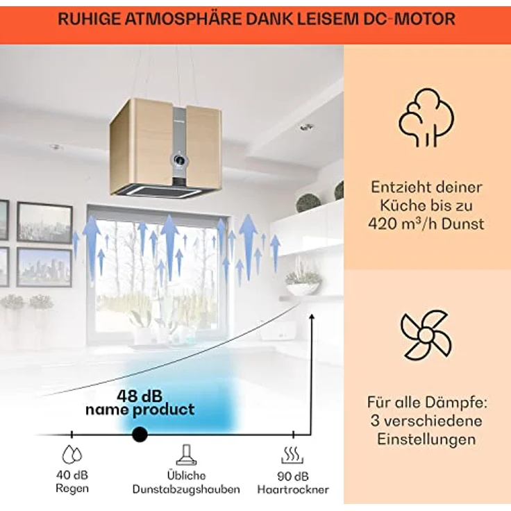 Klarstein 10038708 Inselhaube, Futurelight Smart Inselabzugshaube Umluft 420m³/h LED Edelstahl, gold – Bild 4