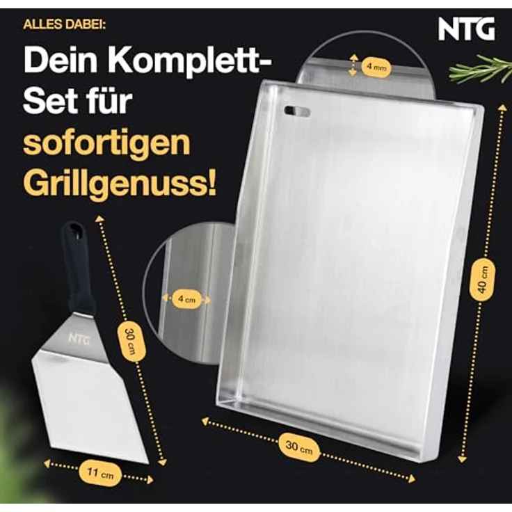 NTG Plancha Grillplatte Edelstahl 40×30 cm, rostfrei, 4 mm dick, inkl. Spachtel, für Gasgrill und Kohle – Bild 7