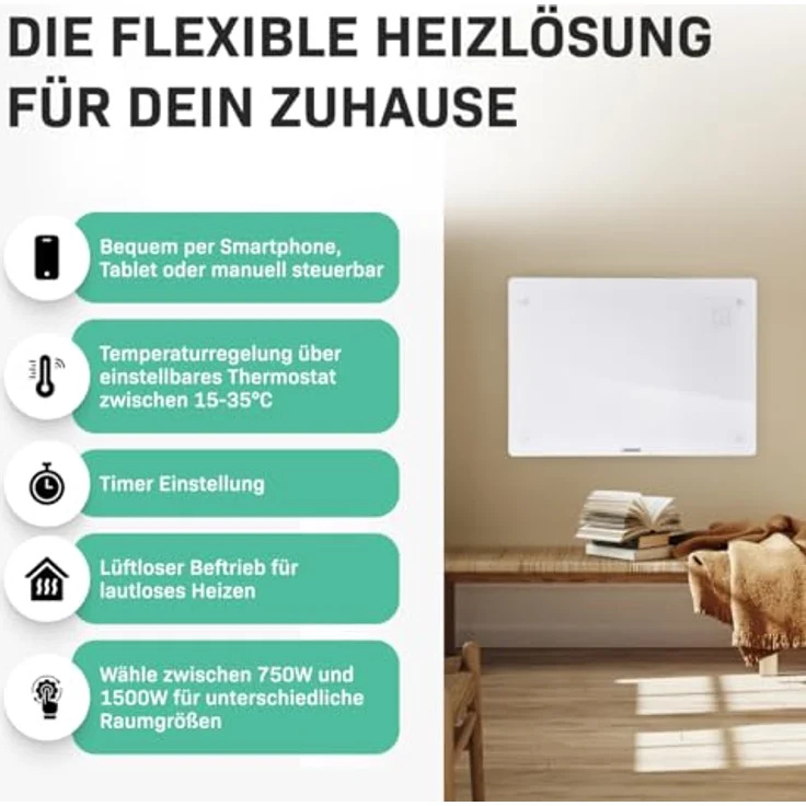 VONROC Elektroheizung, Konvektor-Heizung - Elektrische Heizung bis 24m2 - Mobiler Heizkörper LED Anzeige, leise, 2 Stufen 1000W & 2000W, Manuelle/App Steuerung - weiß – Bild 3
