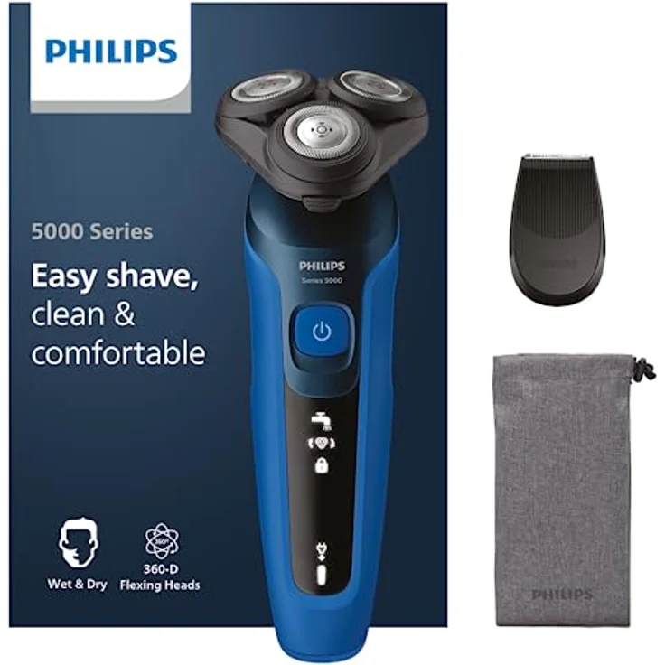 Philips Shaver Series 5000 – Elektrischer Nass- & Trockenrasierer für Herren mit Präzisionstrimmer & weicher Transporttasche, Stahlblau – Bild 1