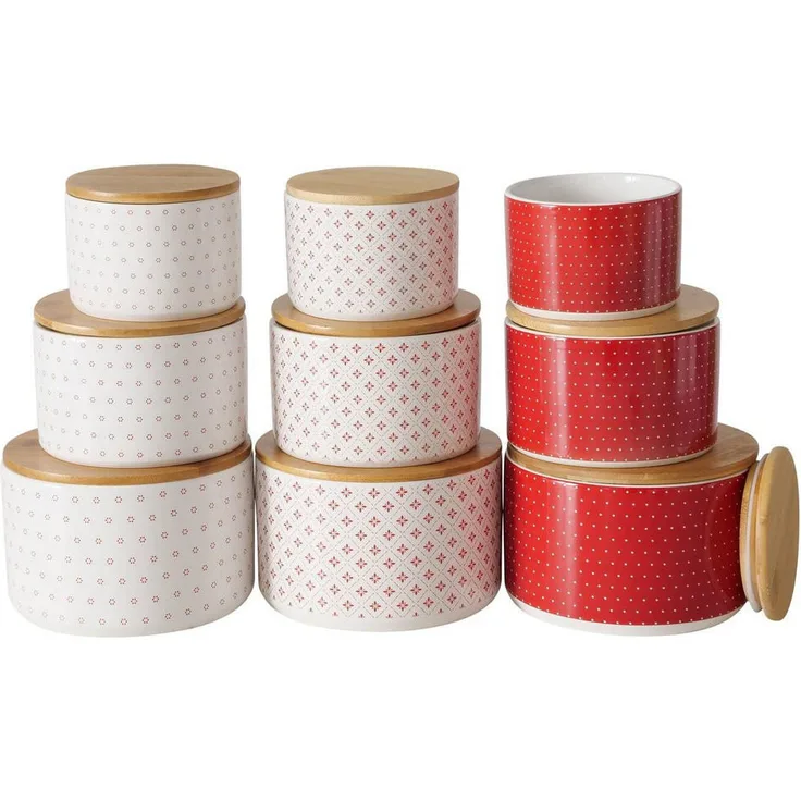 Boltze Home Keramikbehälter, Rot, 3er-Set mit Bambusdeckel, 16x10x16 cm, vielseitiger Vorratsbehälter für Lebensmittel und Gewürze