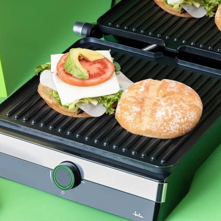 JATA JEGR1596 Elektrogrill mit 2000 W, geriffelten antihaftbeschichteten Platten, 29 x 23,6 cm, neigbarem Deckel und Auffangschale – Bild 5