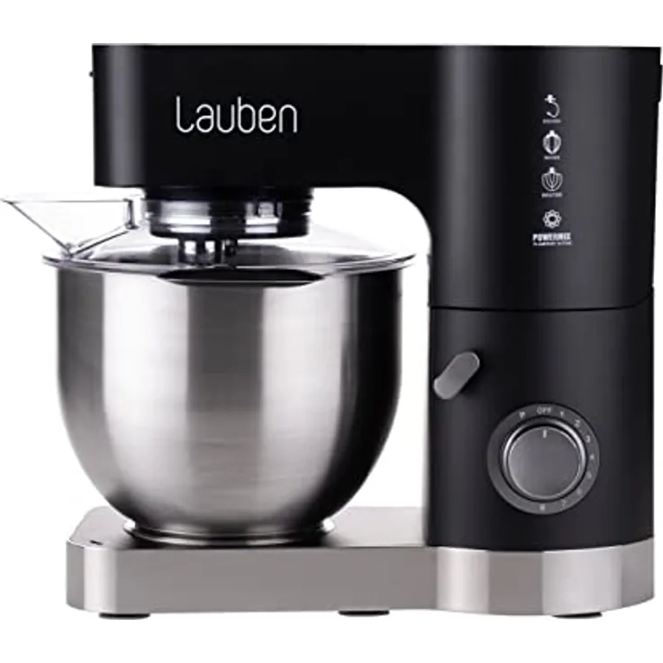 Küchenmaschine Lauben Kitchen Machine 1200BC mit Kupfermotor und Ganzmetall-Getriebe, 1200W, Mixer aus gehärtetem Glas, Großes Fassungsvermögen von 5,5 l, Knetmaschine, Teigmaschine, (Schwarz)
